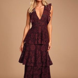 New with Tags Lulus Molinetto Burgundy Lace Ruffled Tiered Sleeveless Maxi Dress